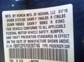 2016 HONDA CIVIC, GRAY, LX, 2.0L, AT.  A25052